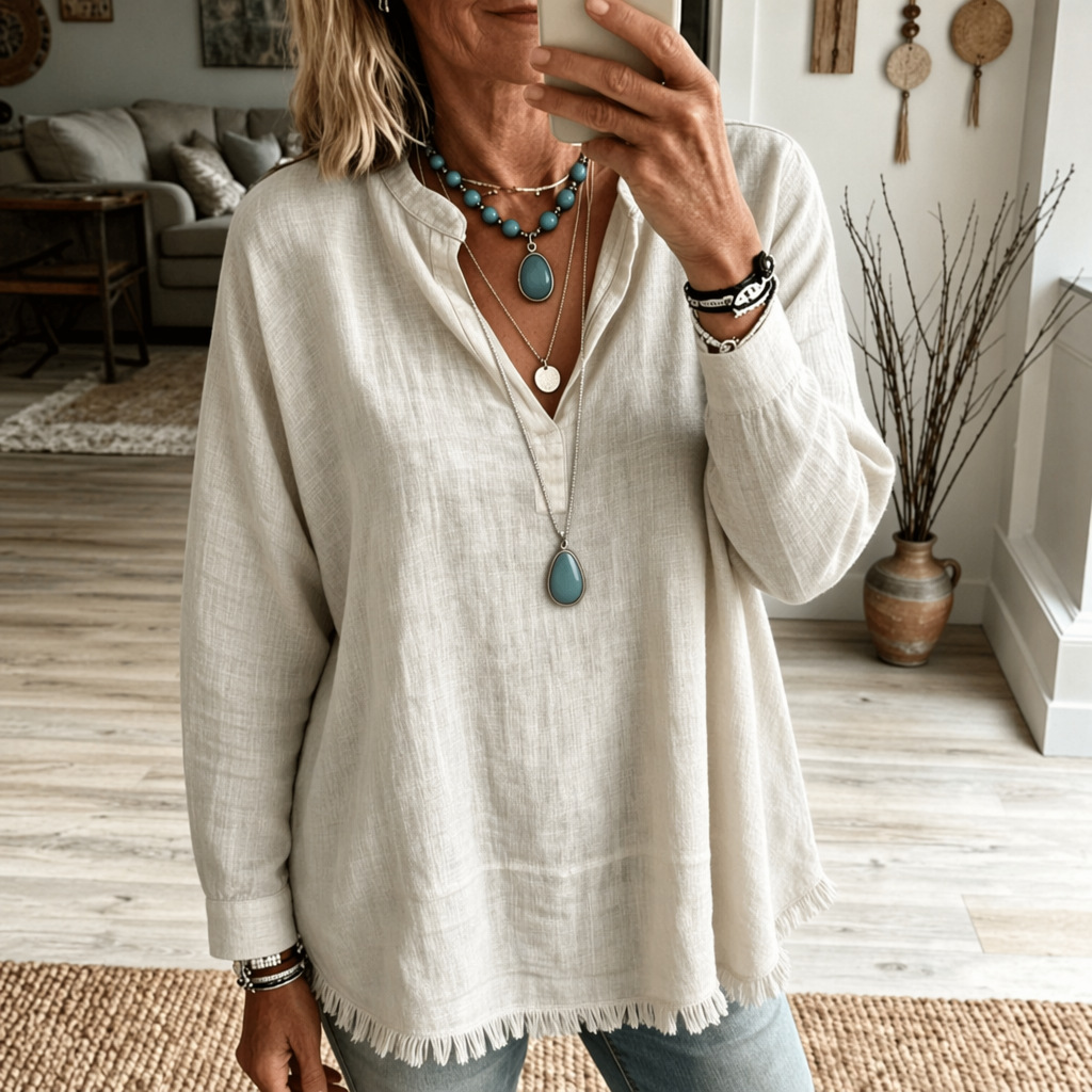 Women’s Fringe Trim V Neck Blouse, Loose Fit Long Sleeve Casual Tunic Top Boho Style Shirt