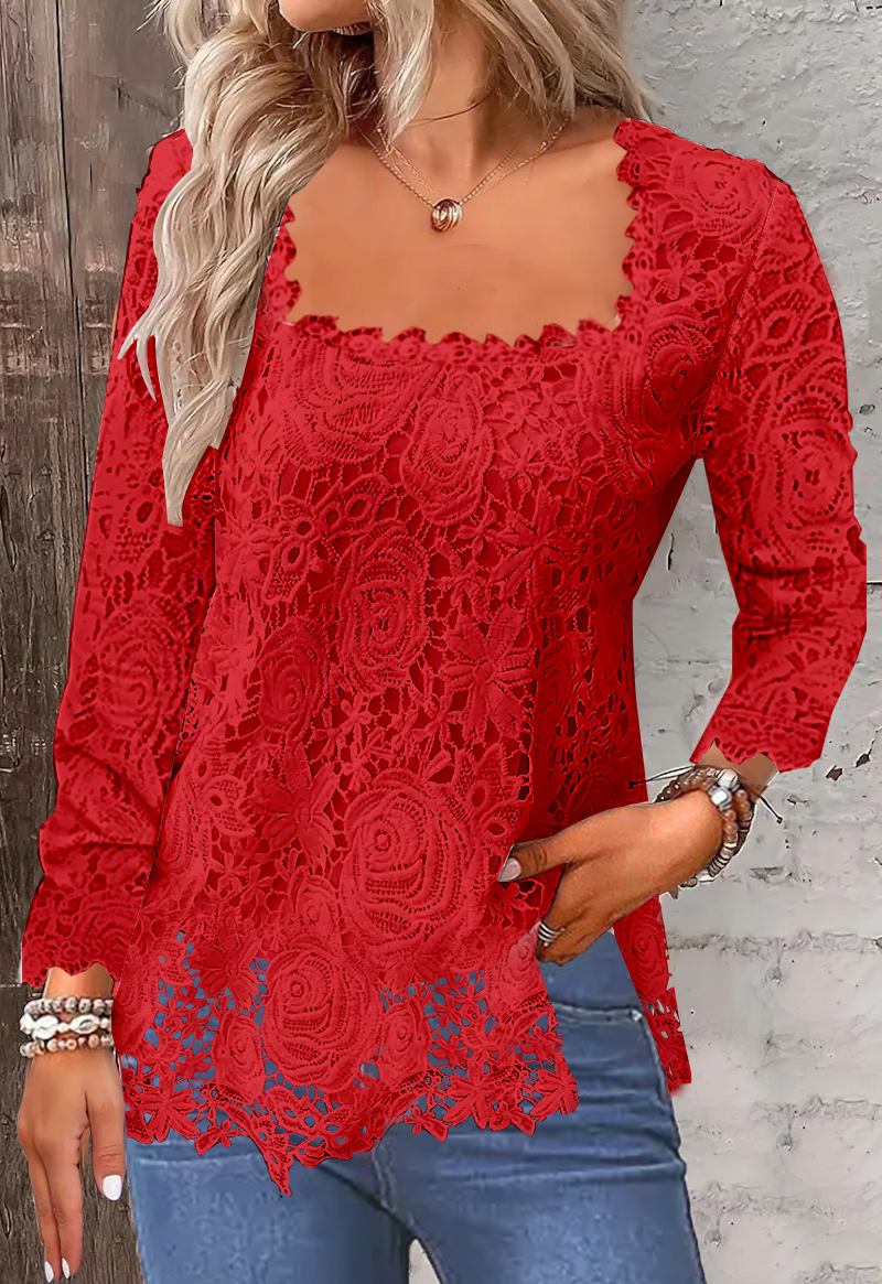 Women’s Floral Lace Square Neck  Scalloped Hem Blouse