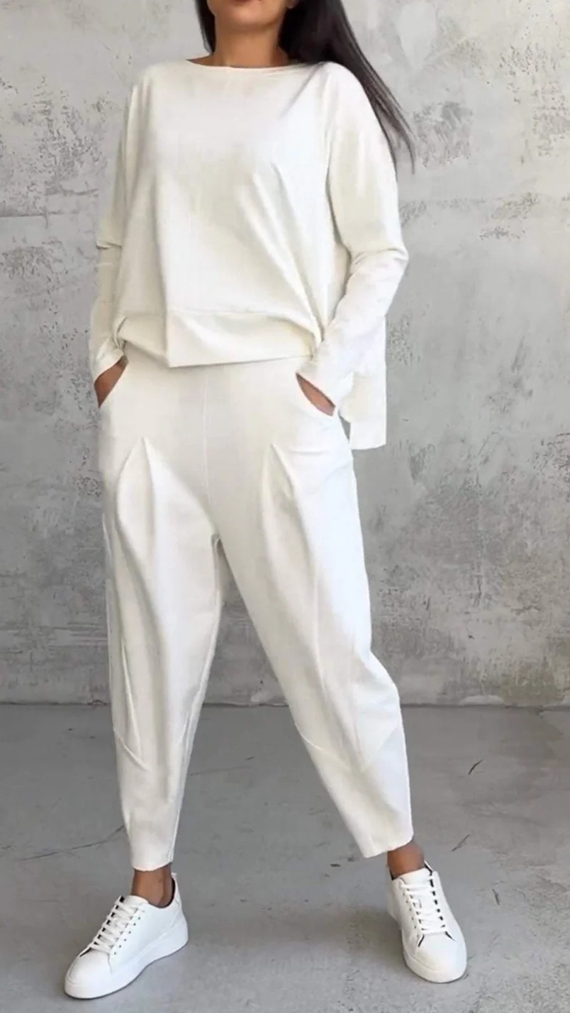 Women’s Boat Neck Long Sleeve Top & Carrot Pants Set White Casual Loungewear Outfit