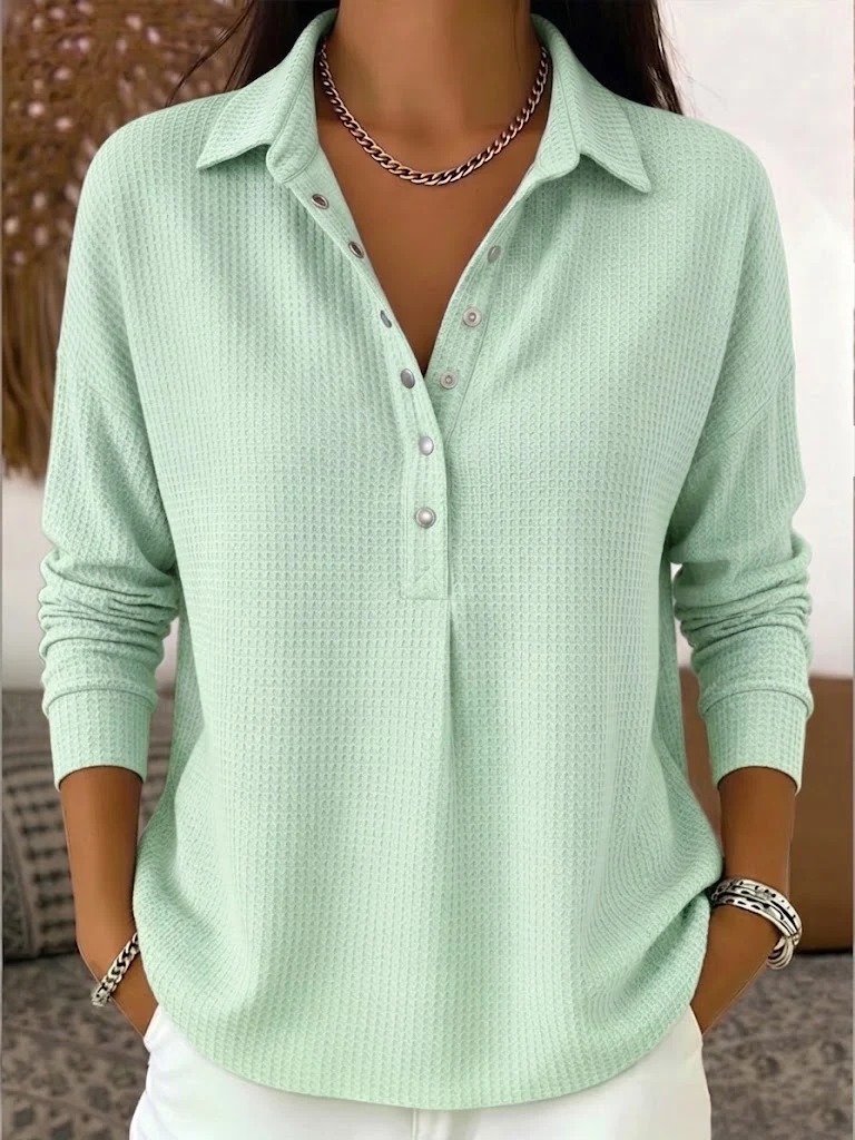 Waffle Knit Henley Polo Long Sleeve Top