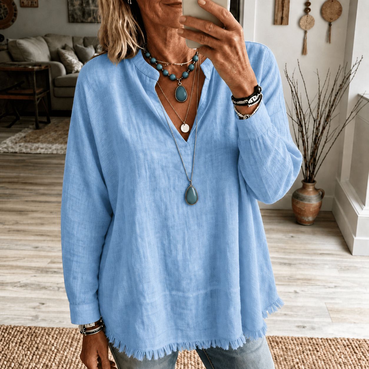 Women’s Fringe Trim V Neck Blouse, Loose Fit Long Sleeve Casual Tunic Top Boho Style Shirt