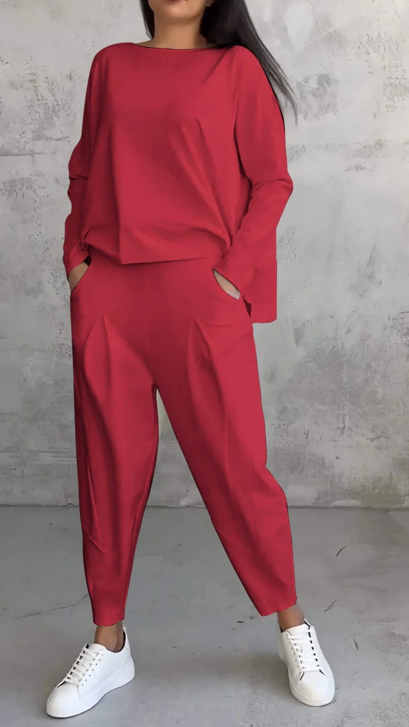 Women’s Boat Neck Long Sleeve Top & Carrot Pants Set White Casual Loungewear Outfit