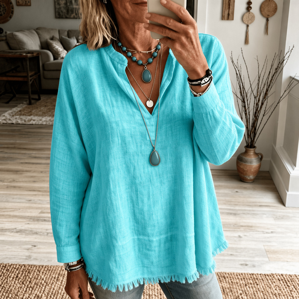 Women’s Fringe Trim V Neck Blouse, Loose Fit Long Sleeve Casual Tunic Top Boho Style Shirt