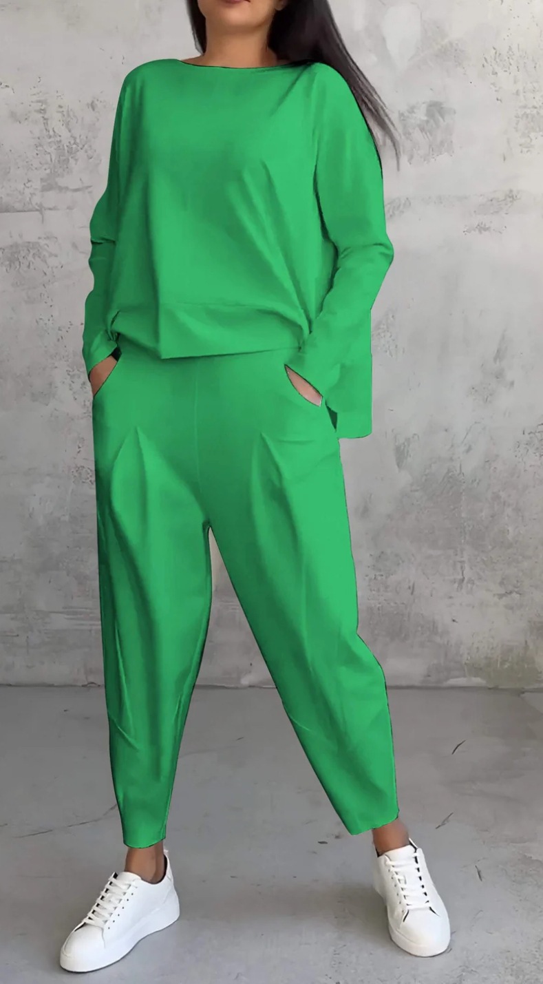 Women’s Boat Neck Long Sleeve Top & Carrot Pants Set White Casual Loungewear Outfit