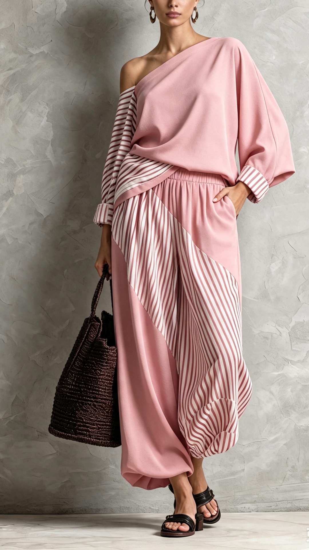 Women's Elegant Dark Red Striped Print Woven One-Shoulder Long-Sleeve Top And Pants Two-Piece Set