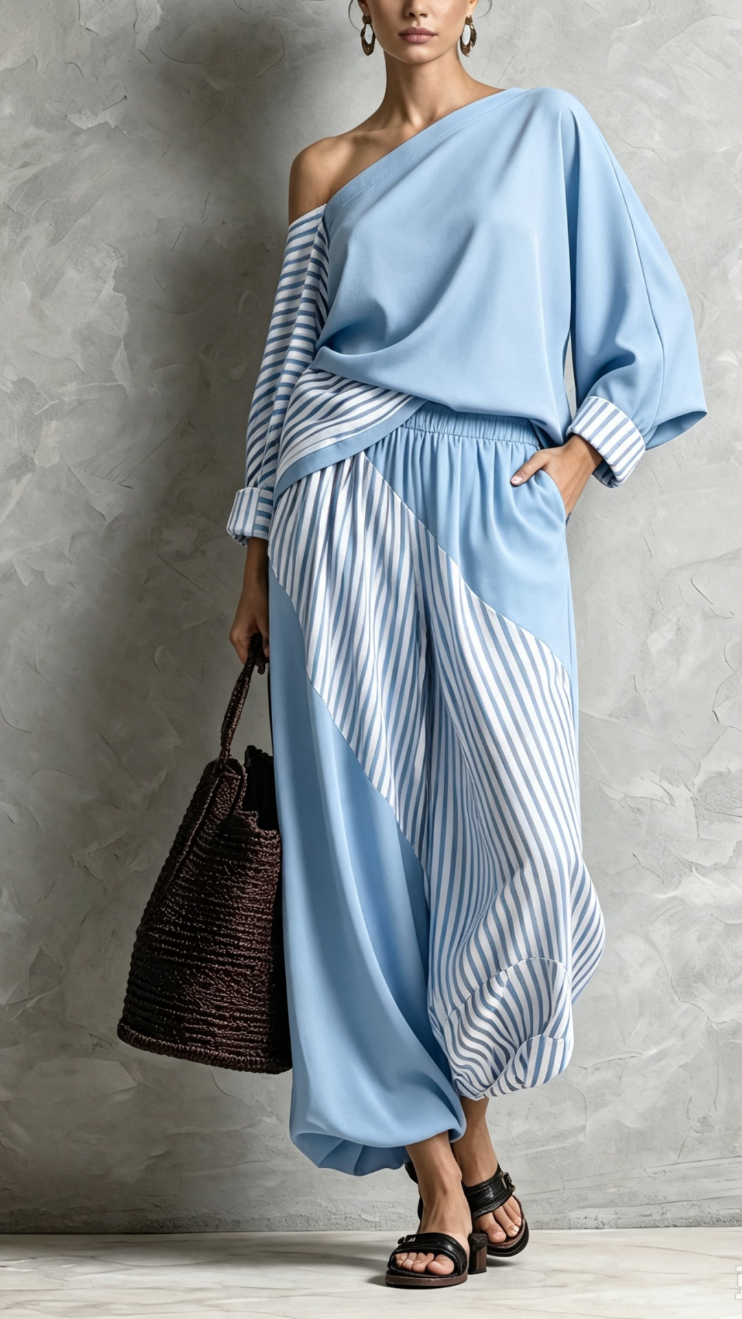 Women's Elegant Dark Red Striped Print Woven One-Shoulder Long-Sleeve Top And Pants Two-Piece Set