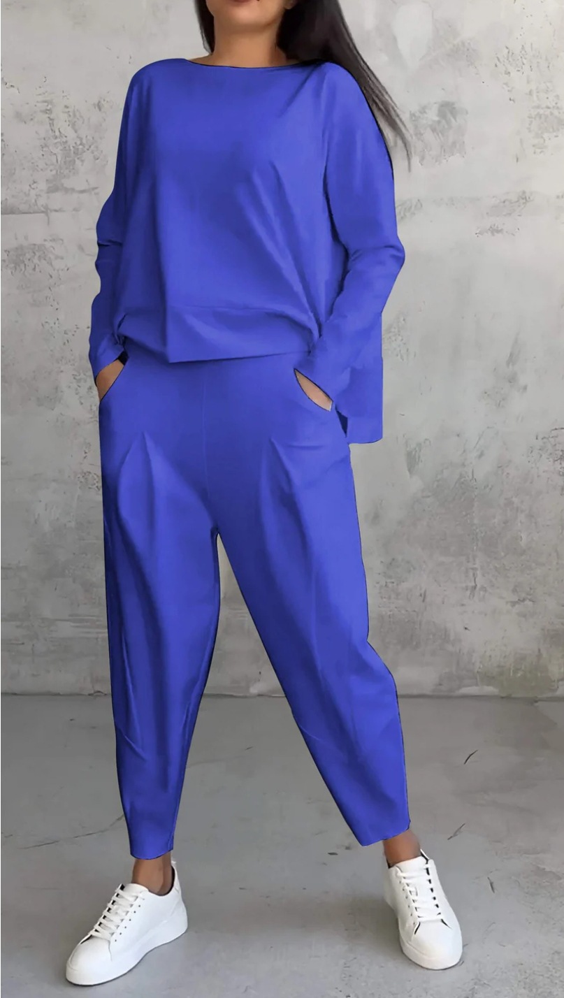 Women’s Boat Neck Long Sleeve Top & Carrot Pants Set White Casual Loungewear Outfit