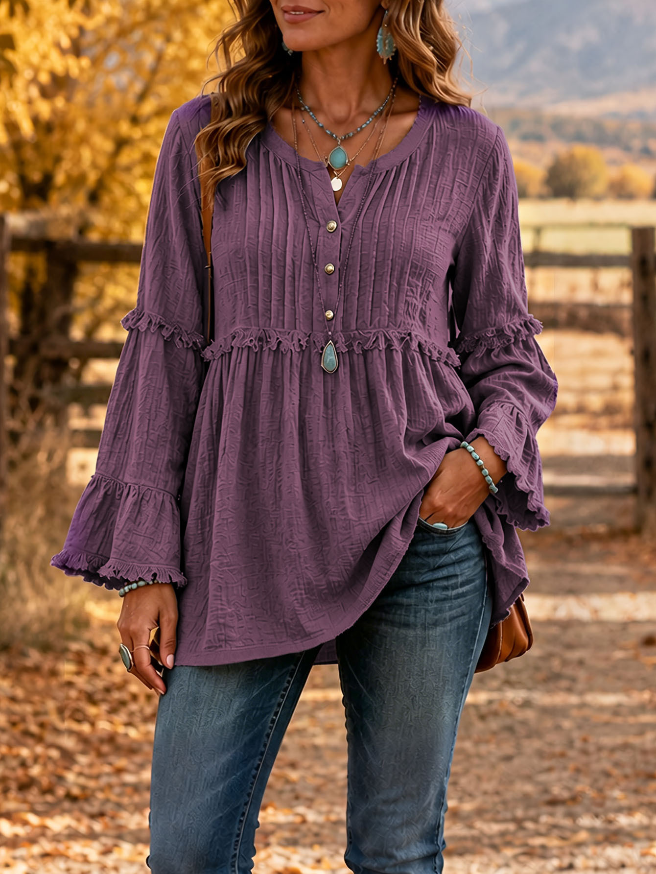 Women's Cotton Linen Fringe Trim Blouse Pleated Yoke Bell Sleeve Relaxed Tunic Top