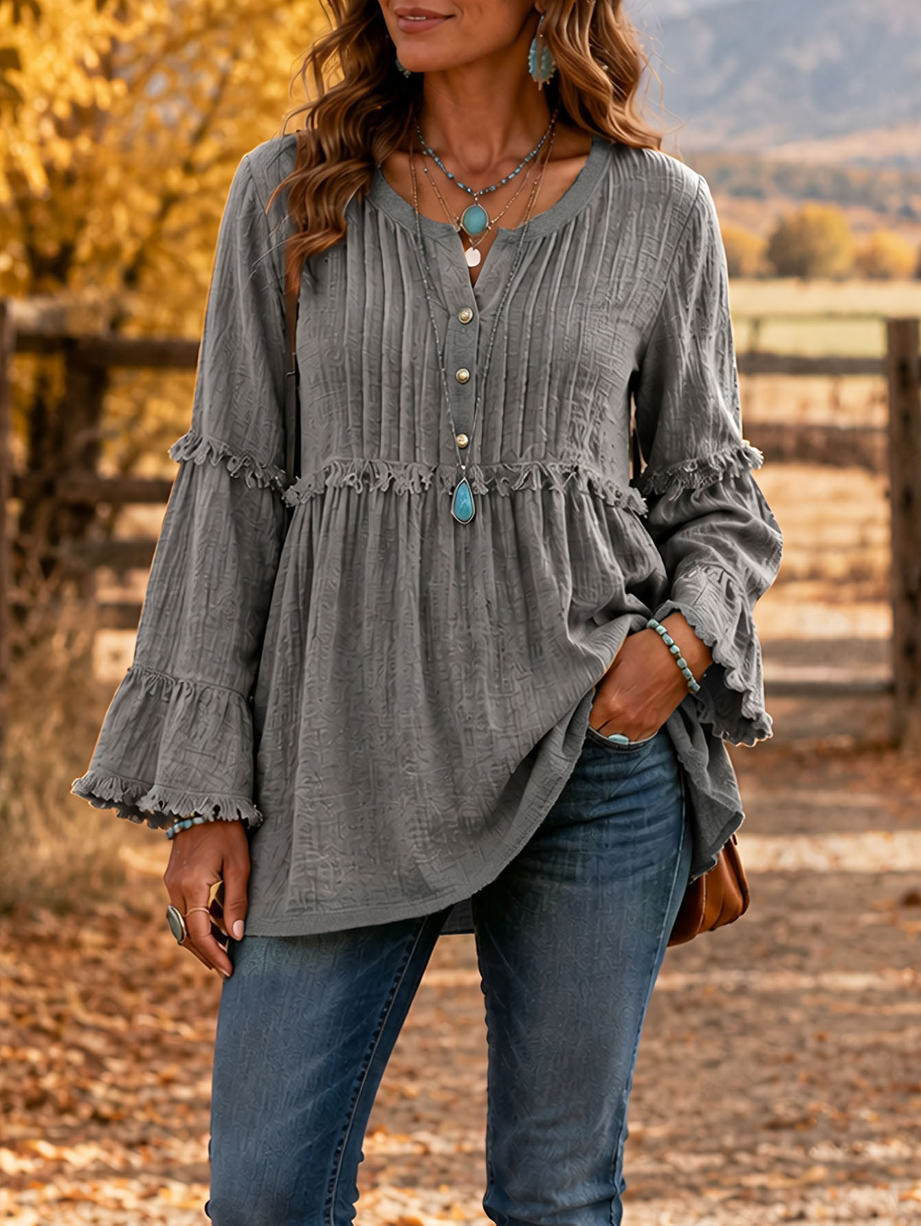 Women's Cotton Linen Fringe Trim Blouse Pleated Yoke Bell Sleeve Relaxed Tunic Top