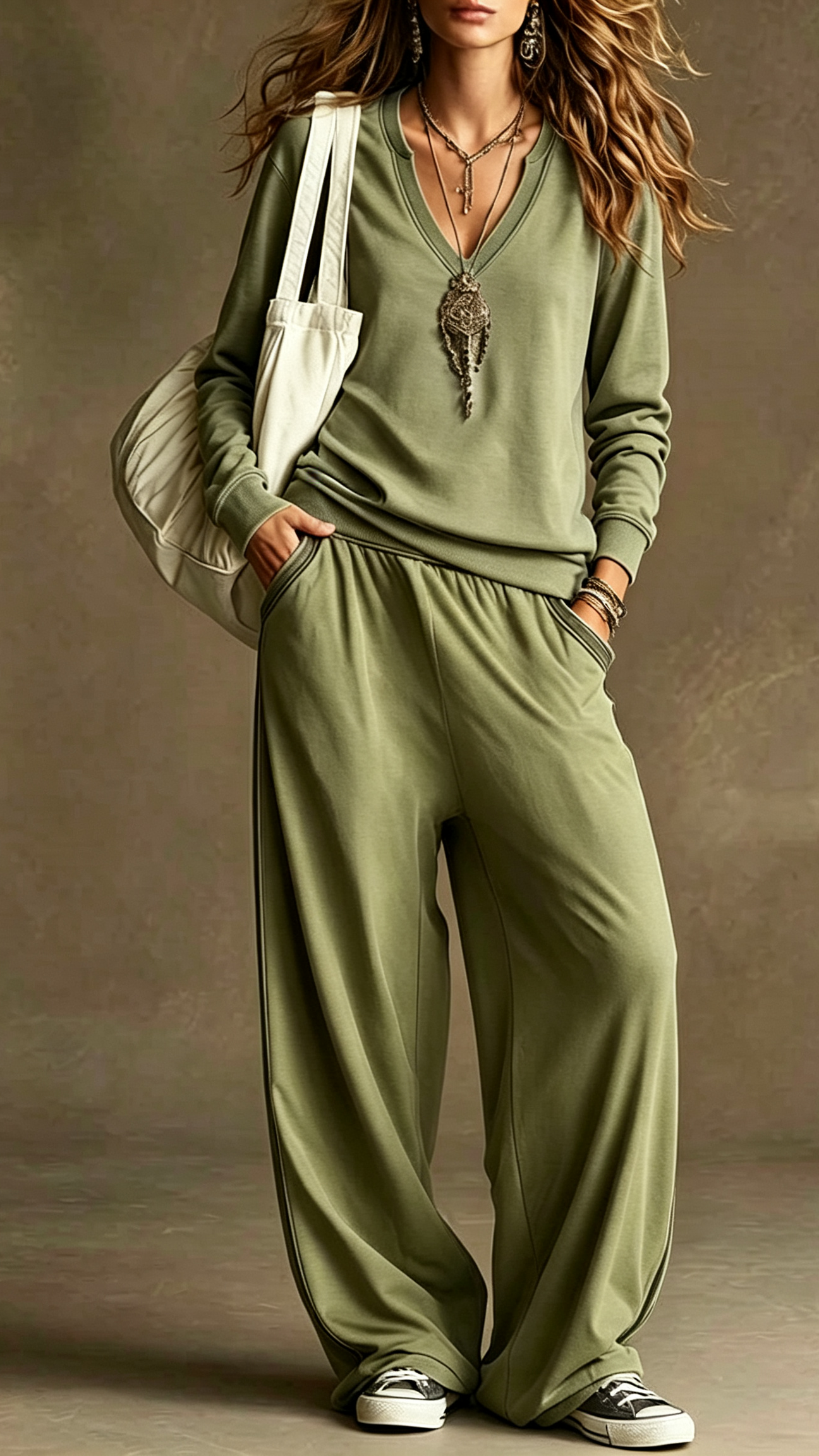 2‑Piece Notched V‑Neck Co‑Ord Set | Long Sleeve Knit Top & Elastic Waist Wide Leg Pants Casual Loungewear Outfit