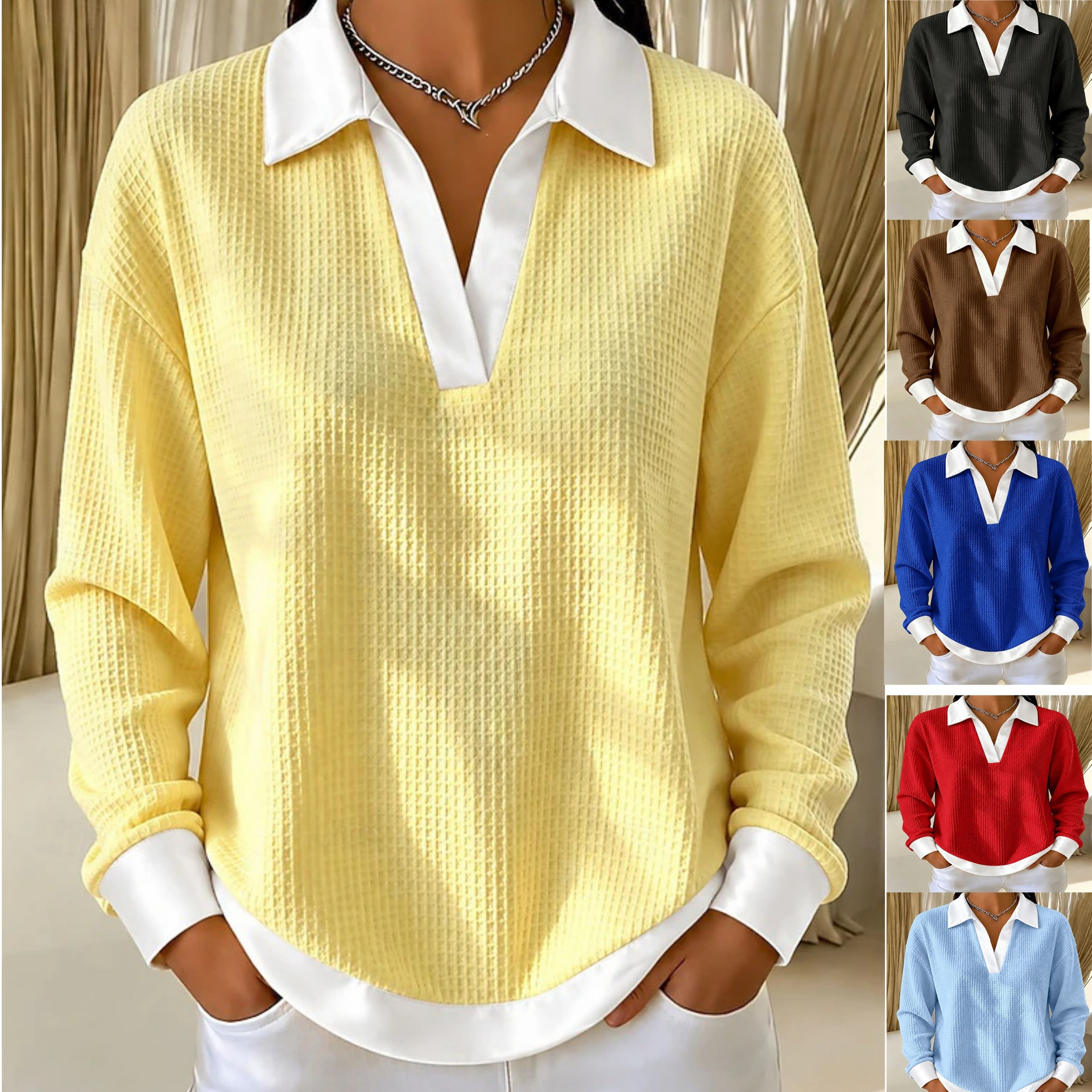 👚 Women's V-Neck Waffle-Knit Contrast Loose-Fit Casual Collared Long-Sleeve Sweatshirt 🤍