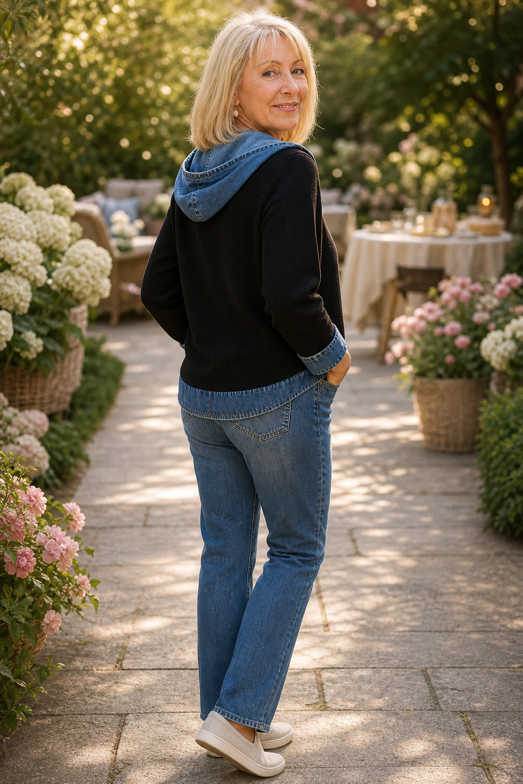 Denim-Look Patchwork Hooded Cardigan