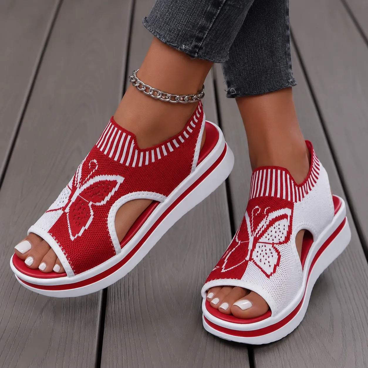 Butterfly Knit Platform Peep Toe Sandals for Women