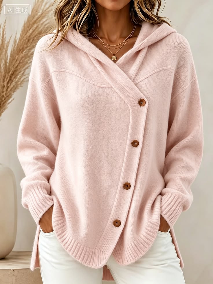 🧥 Women’s Hooded Asymmetric Button Cardigan Loose Knit Sweater Coat