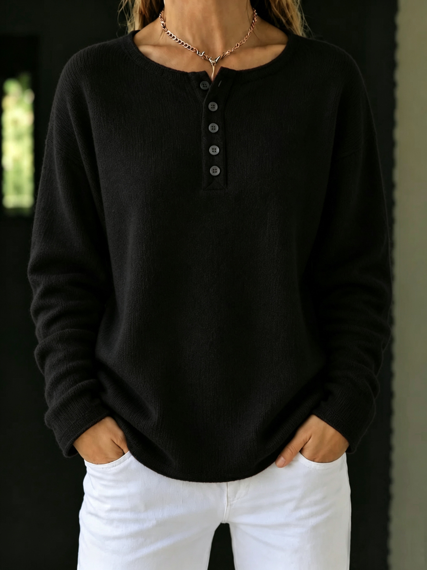 Henley Button Crew Neck Knit Sweater