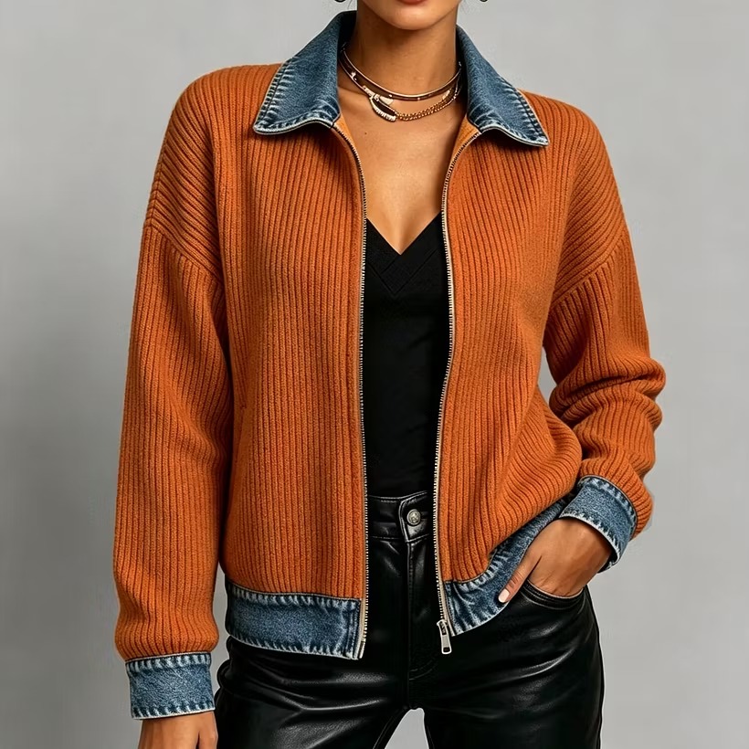 Women’s Denim Collar Contrast Ribbed Knit Zip-Up Jacket