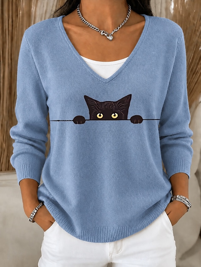 Cat Print V-Neck Long Sleeve Sweater