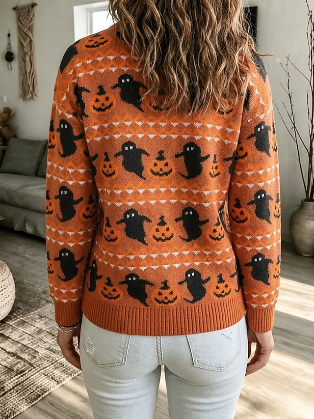 Women’s Halloween Pumpkin Ghost Sweater Round Neck Long Sleeve Knit Pullover