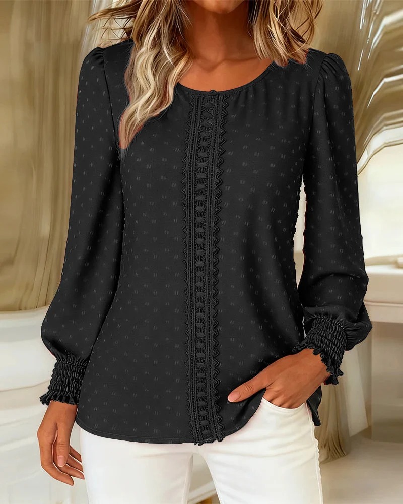 Women’s  Long Sleeve Blouse Round Neck Lace Trim Casual Top