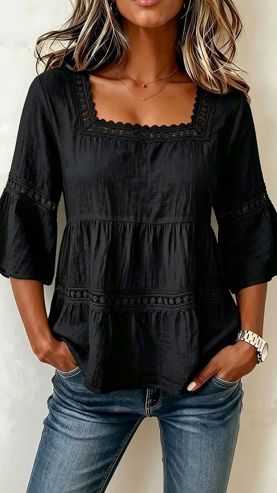 Square Neck Lace Trim Peplum Blouse with 3/4 Bell Sleeves