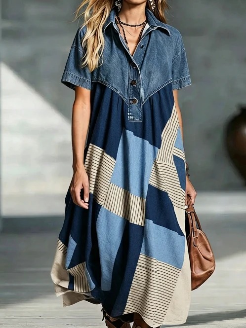 Women’s Denim Patchwork Shirt Dress, Color Block Striped Button Down Casual Midi Dress