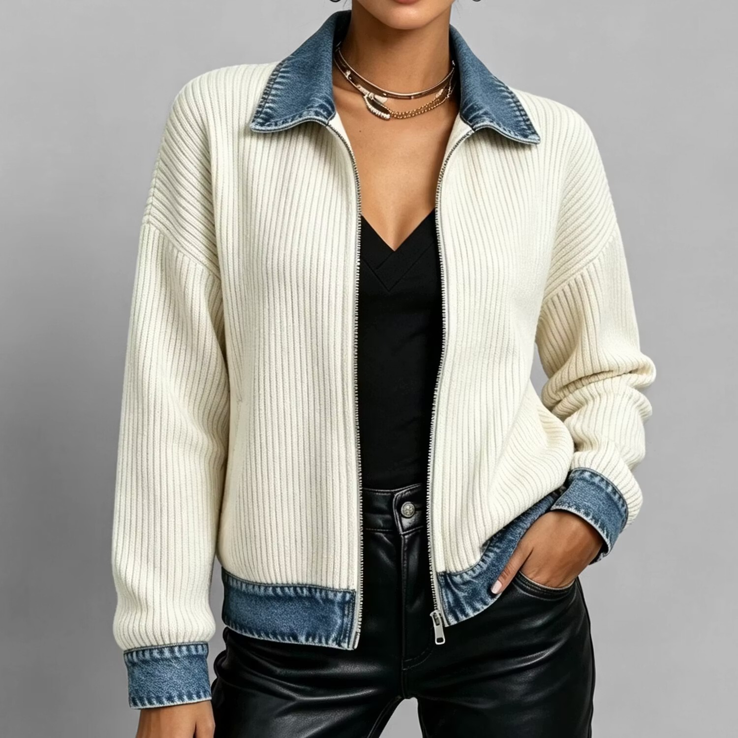 Women’s Denim Collar Contrast Ribbed Knit Zip-Up Jacket