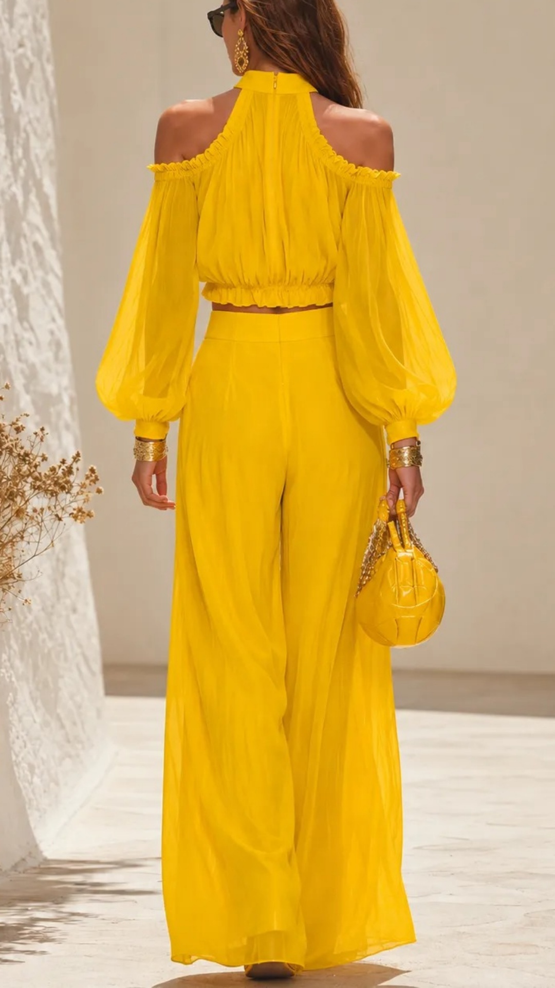 Elegant Urban Style Halter-neck Chiffon Top And Wide-leg Pants Set