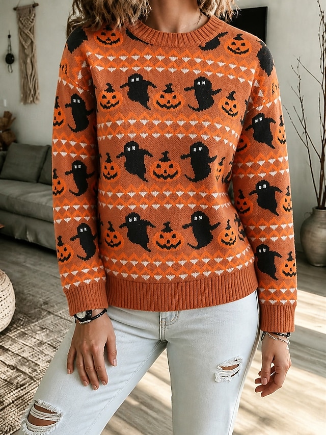Women’s Halloween Pumpkin Ghost Sweater Round Neck Long Sleeve Knit Pullover