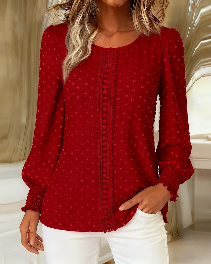 Women’s  Long Sleeve Blouse Round Neck Lace Trim Casual Top