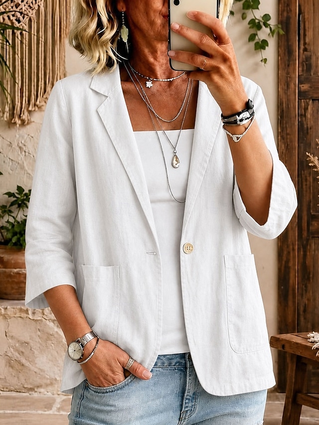 Women’s Casual Linen Blazer Relaxed Fit Single Button Pocket Jacket