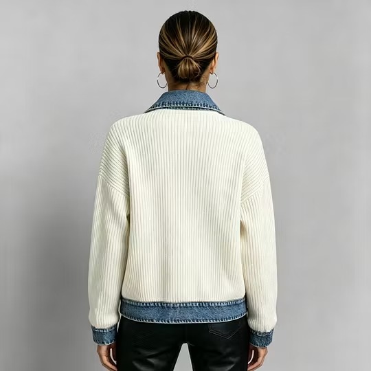 Women’s Denim Collar Contrast Ribbed Knit Zip-Up Jacket