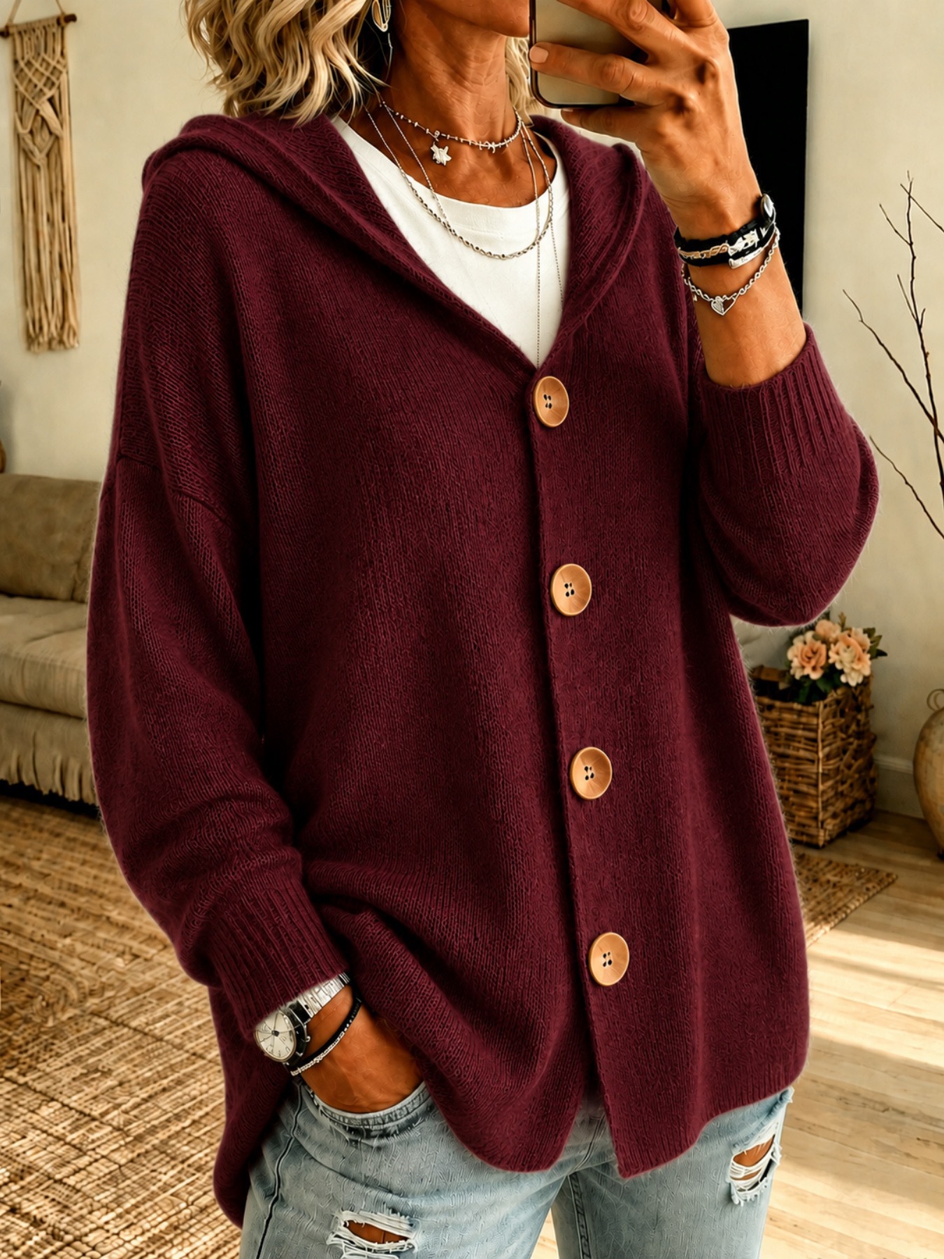 Women’s Hooded Knit Cardigan, Relaxed Button Front Sweater Jacket Casual Outerwear