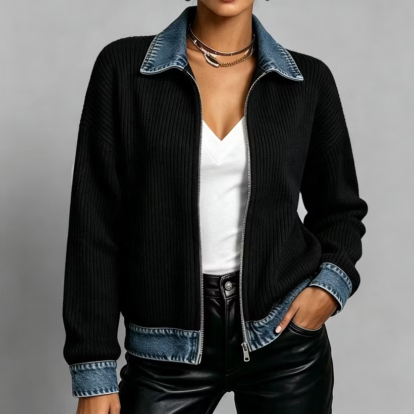 Women’s Denim Collar Contrast Ribbed Knit Zip-Up Jacket