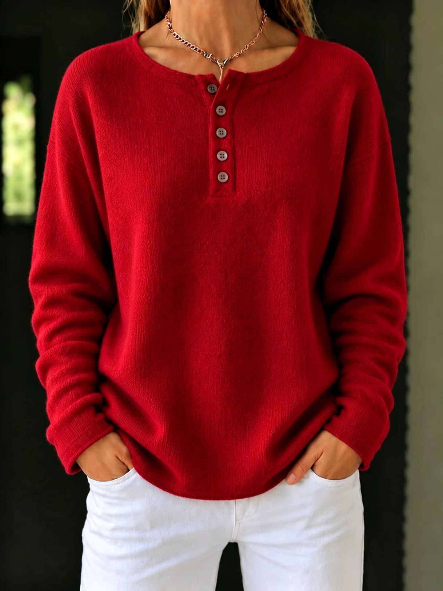 Henley Button Crew Neck Knit Sweater