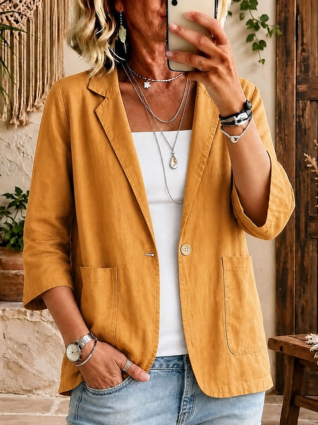 Women’s Casual Linen Blazer Relaxed Fit Single Button Pocket Jacket
