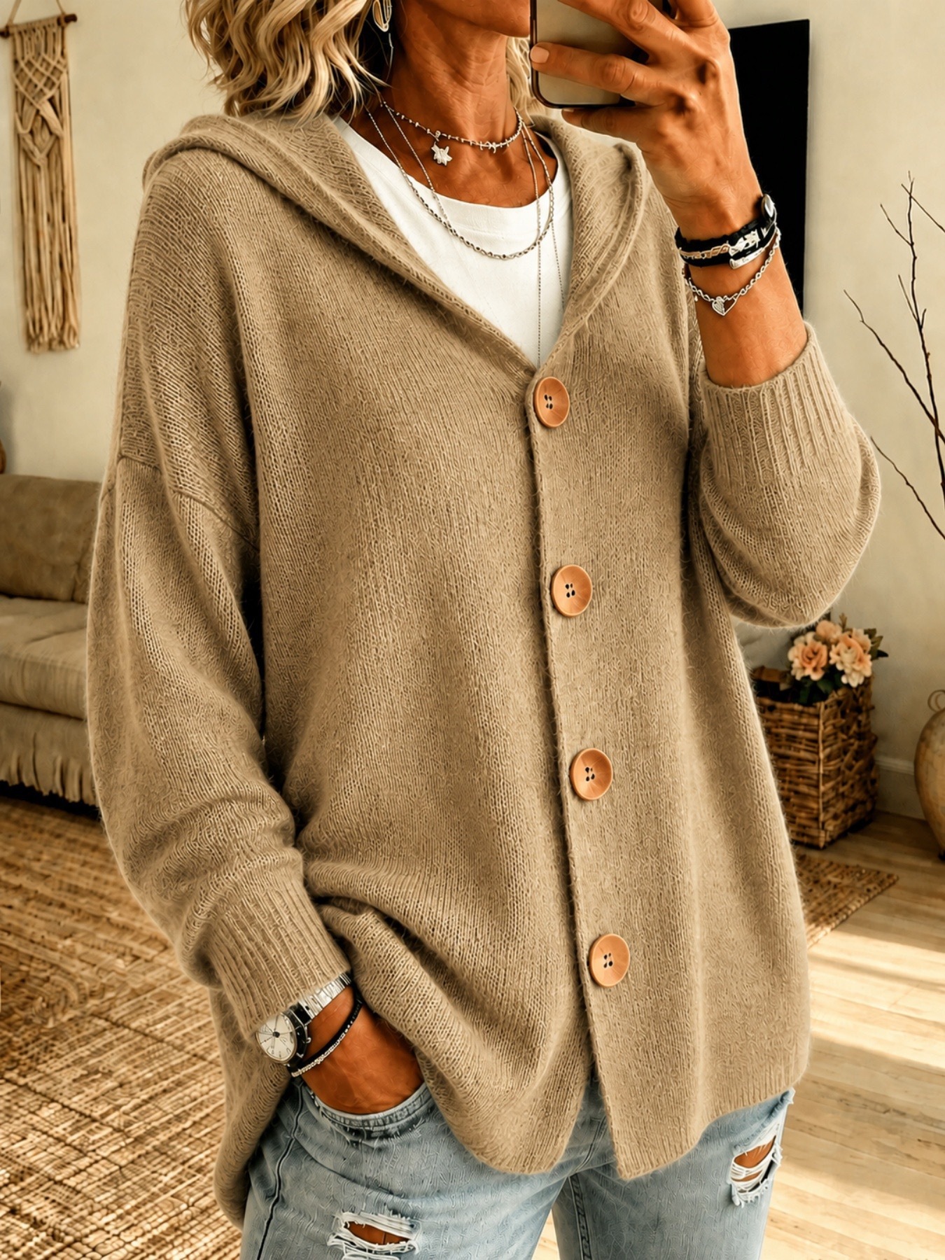 Women’s Hooded Knit Cardigan, Relaxed Button Front Sweater Jacket Casual Outerwear