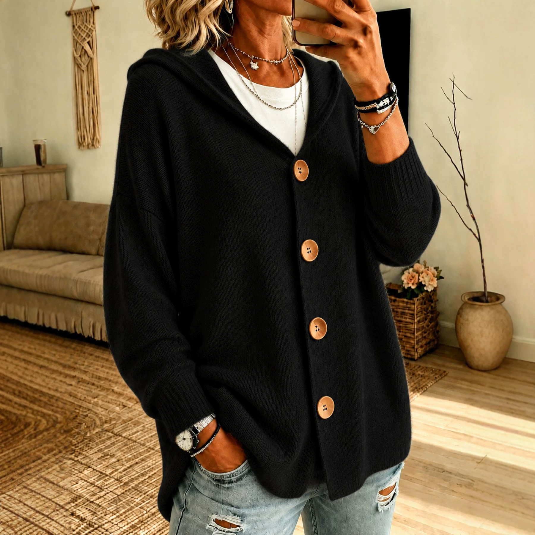 Women’s Hooded Knit Cardigan, Relaxed Button Front Sweater Jacket Casual Outerwear