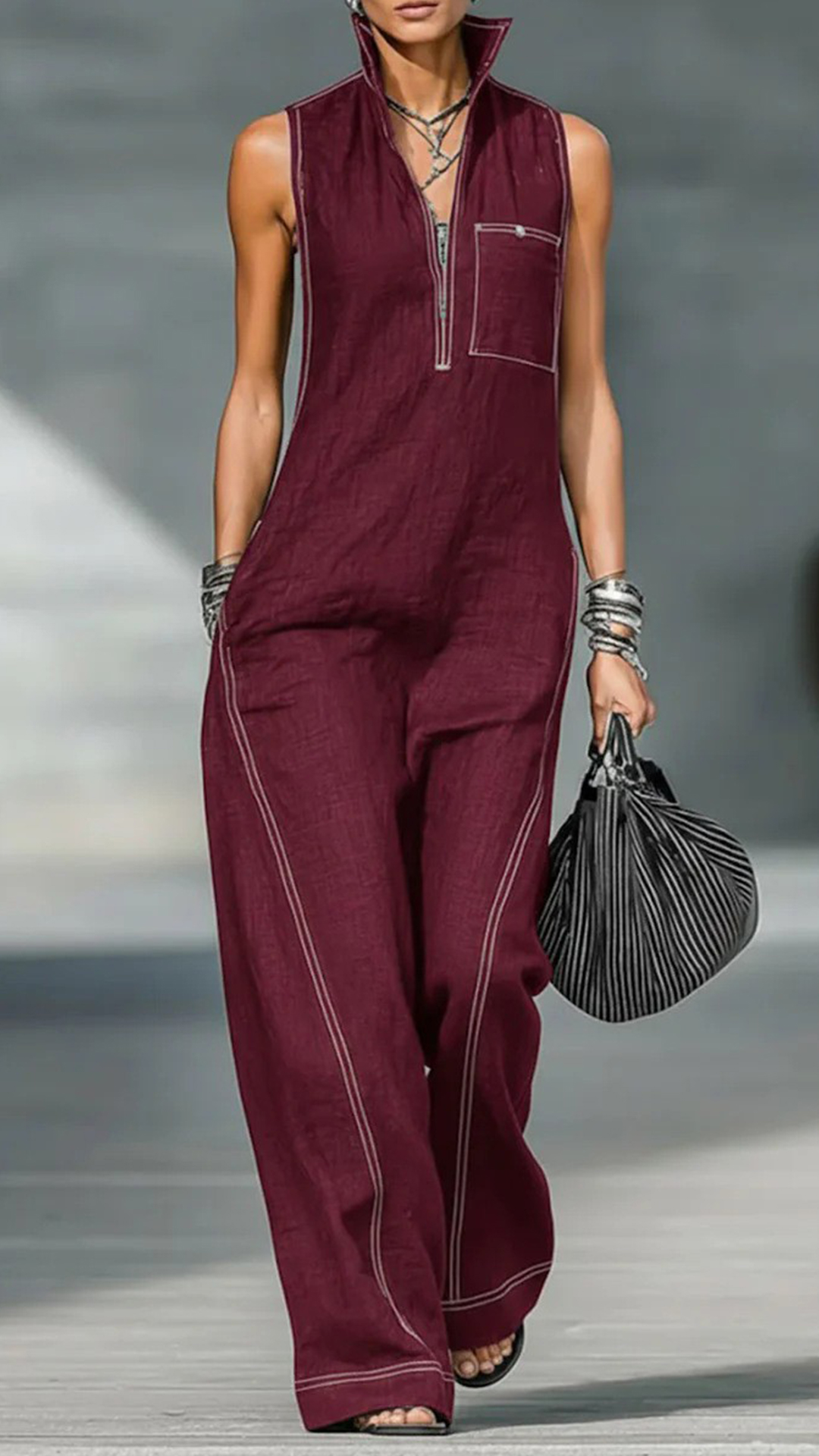 Women's Cotton-Blend Stitched Detail Sleeveless Wide-Leg Jumpsuit