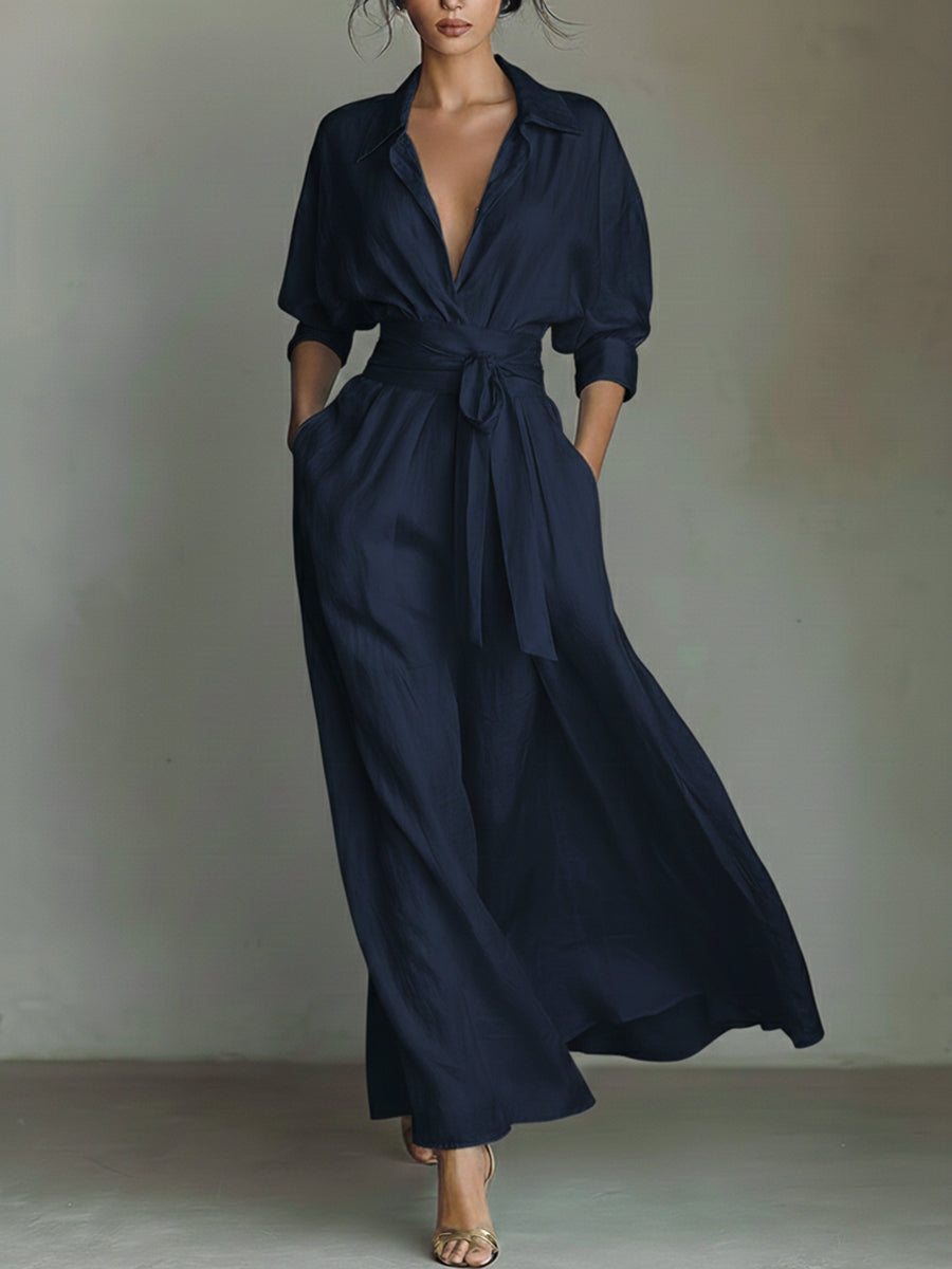 Women's Solid Color Waist-Slimming Maxi Dress — Flip Collar