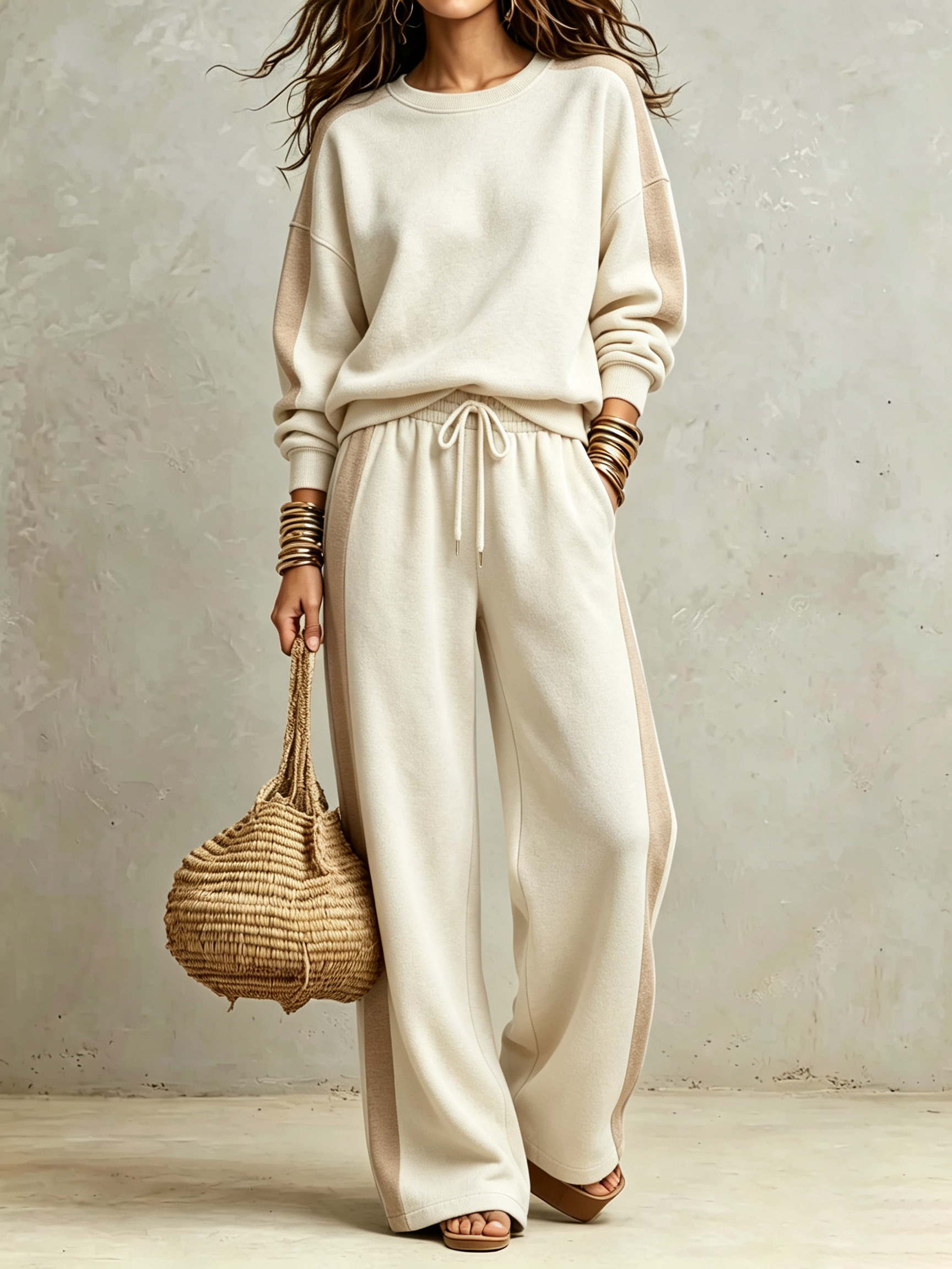 Side‑Stripe Crew Neck Wide‑Leg Sweatpant Two‑Piece Tracksuit Set