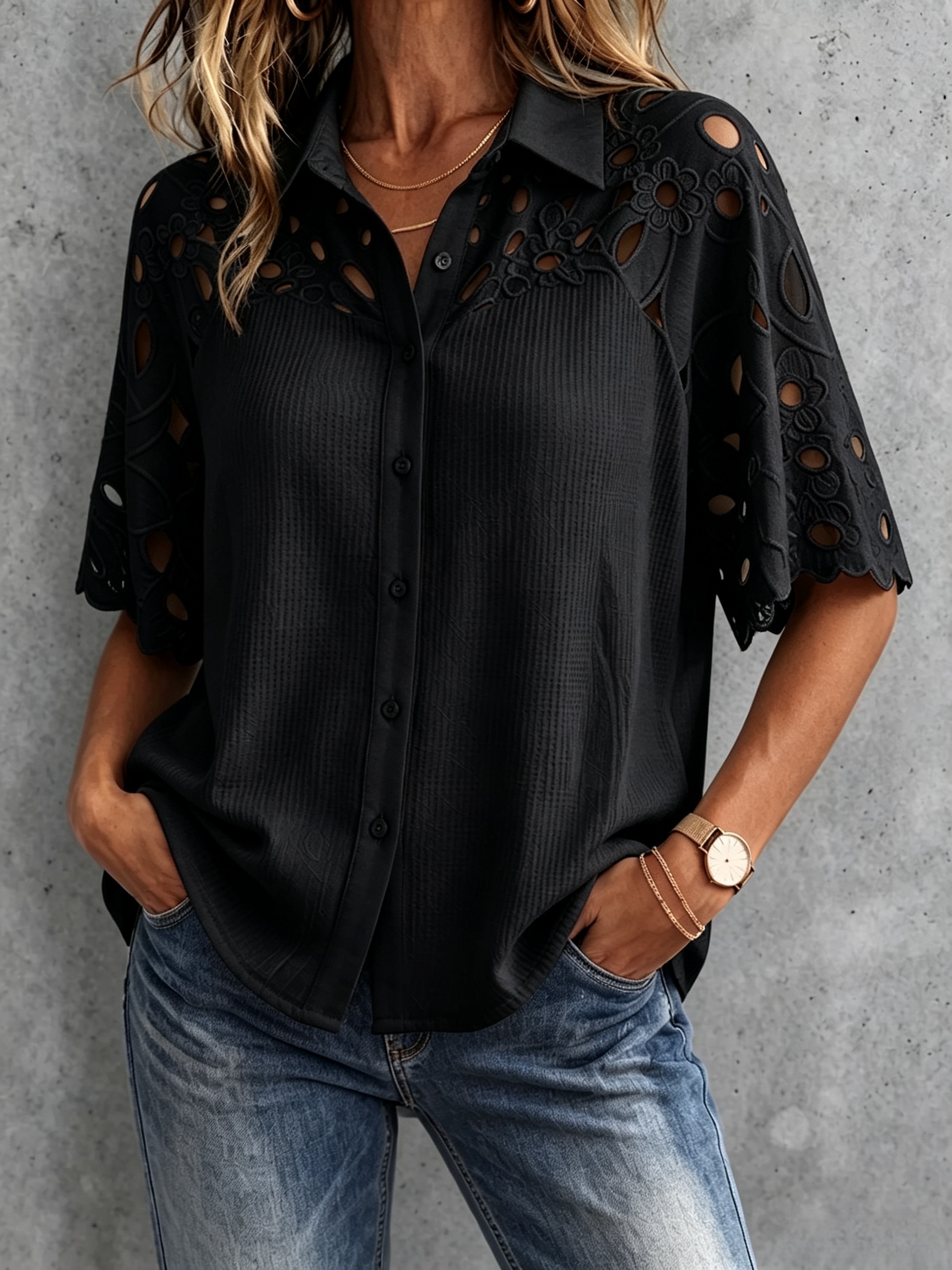 Boho Floral Embroidered Patchwork Knit Button-up Top