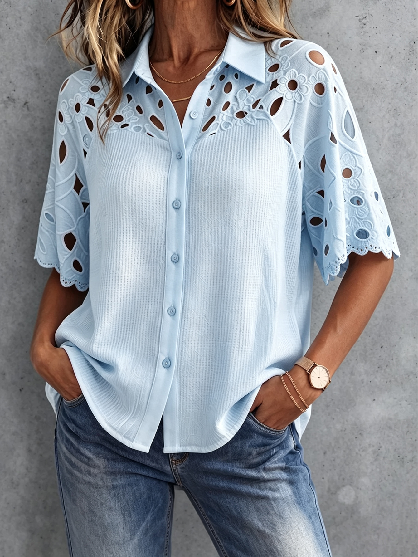 Boho Floral Embroidered Patchwork Knit Button-up Top