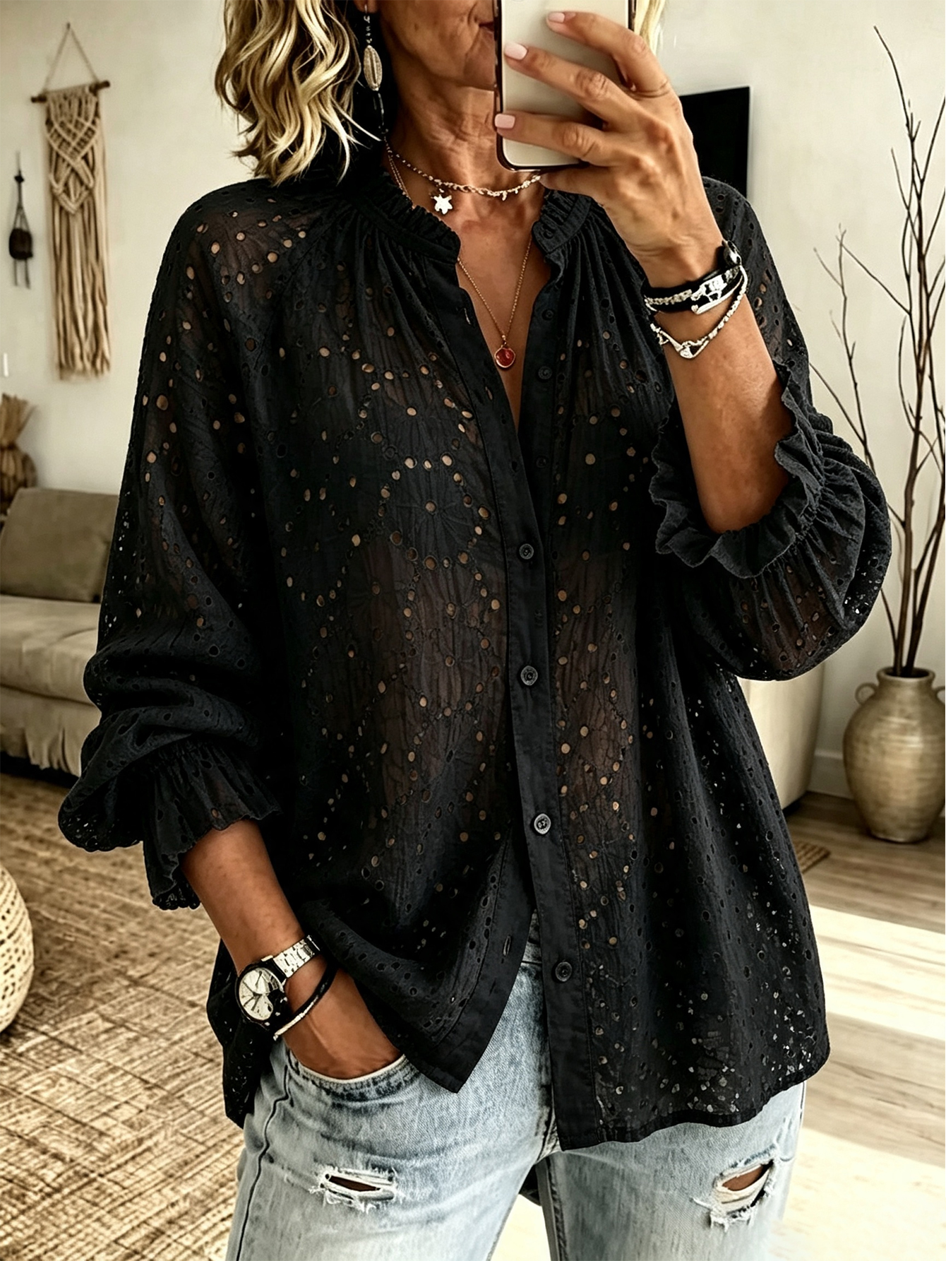 Women’s Eyelet Embroidery Ruffled Collar Puff 3/4 Sleeve Loose Button Down Blouse