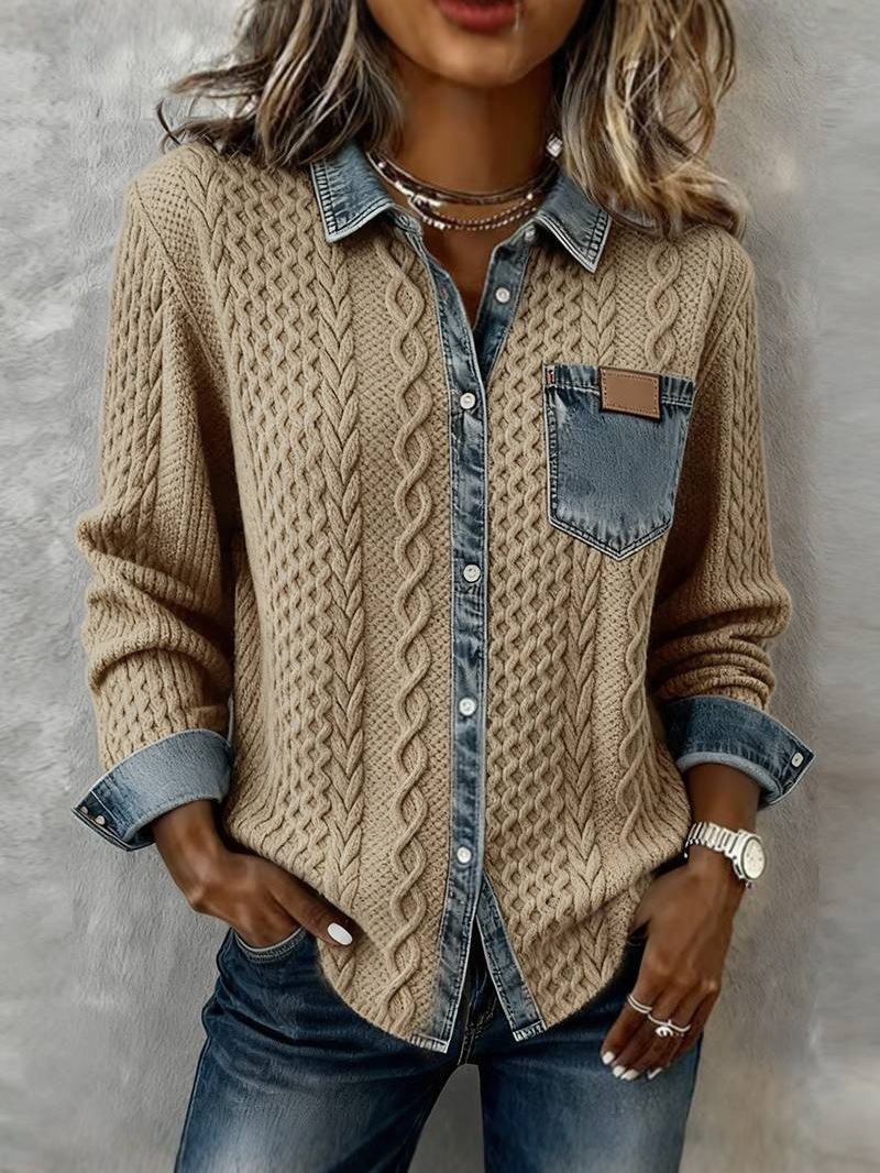 Cable Knit Denim Patchwork Button Down Shirt