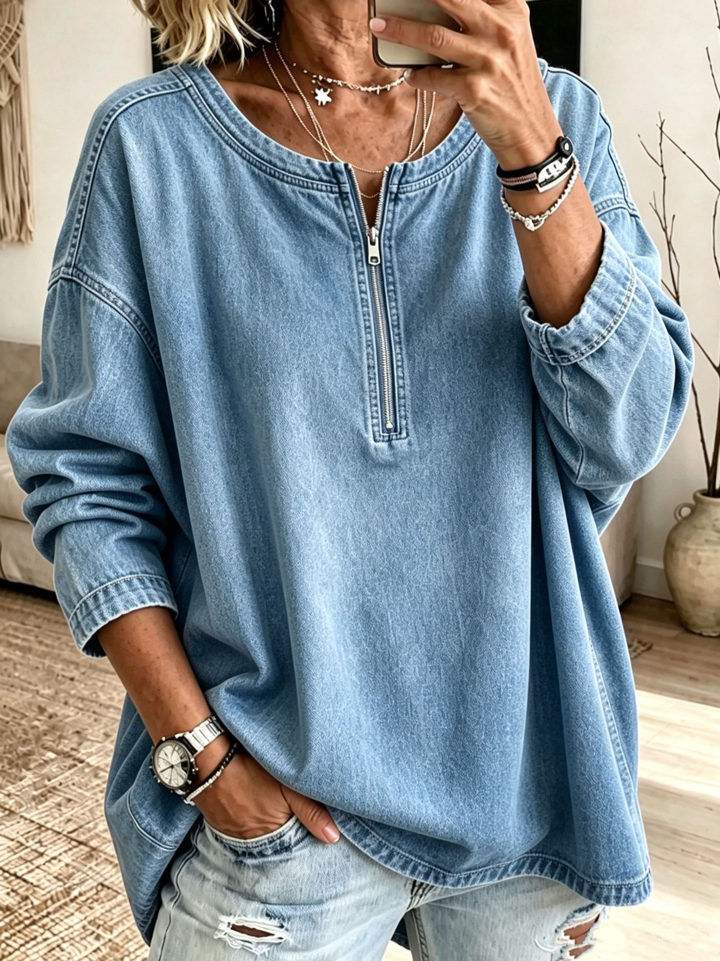 🤠 Women’s Round Neck Denim Top Half Zip Long Sleeve Loose Fit Casual Blouse