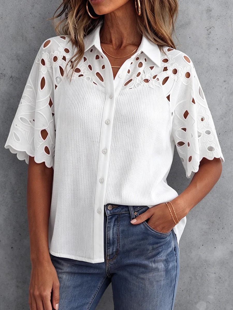 Boho Floral Embroidered Patchwork Knit Button-up Top