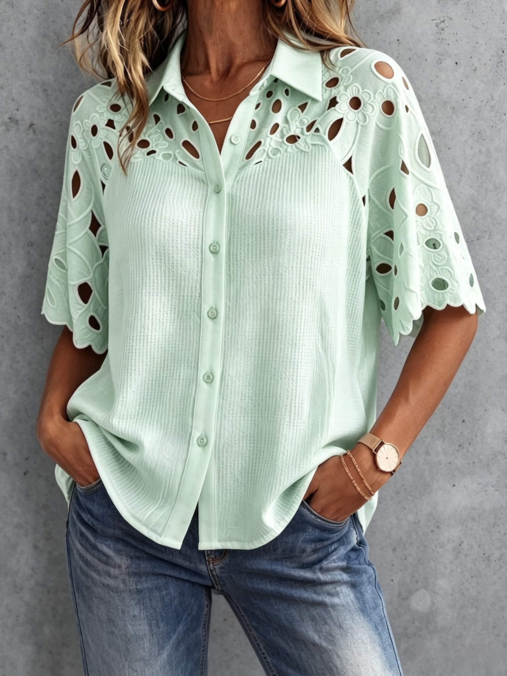 Boho Floral Embroidered Patchwork Knit Button-up Top