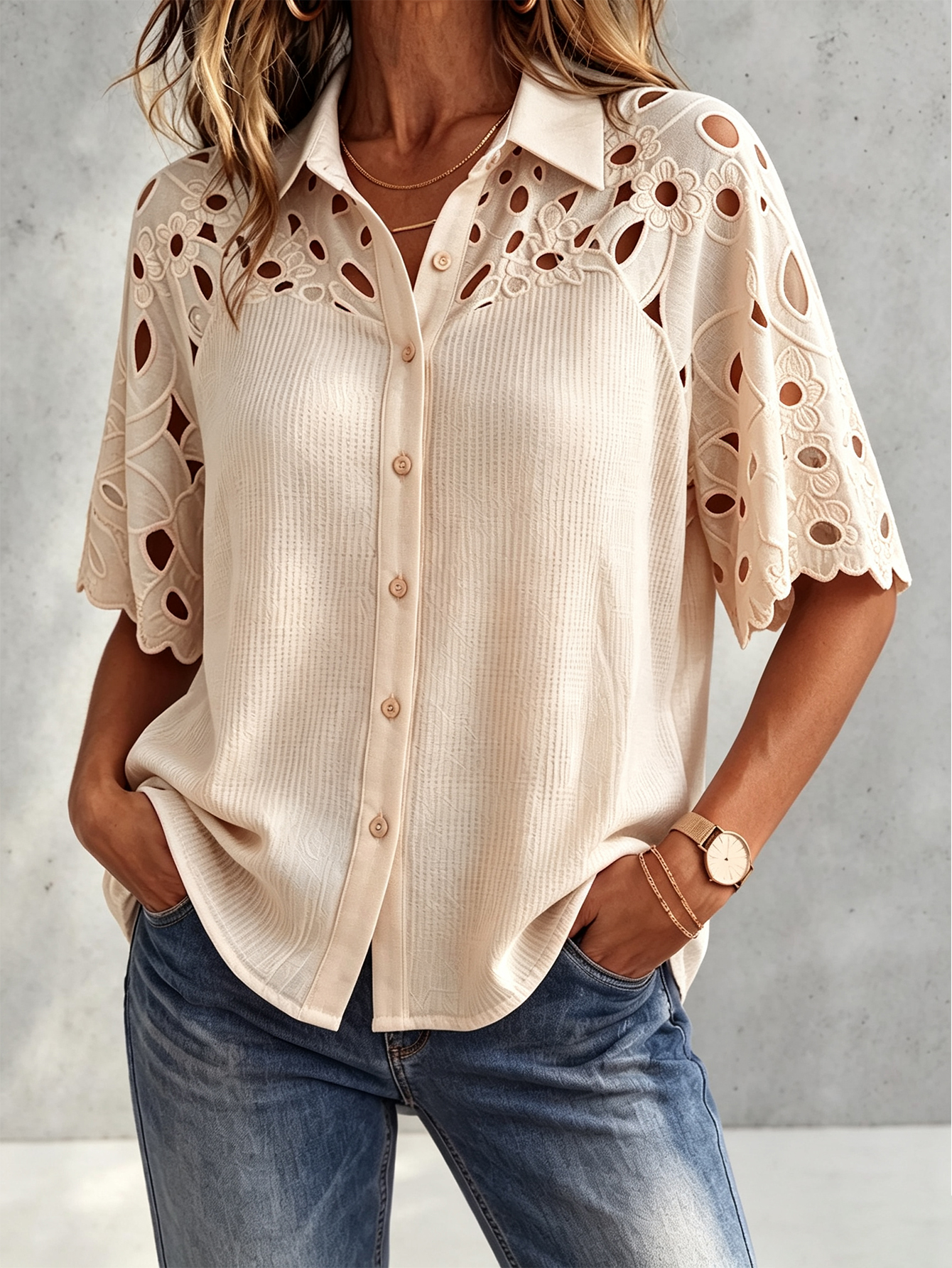 Boho Floral Embroidered Patchwork Knit Button-up Top