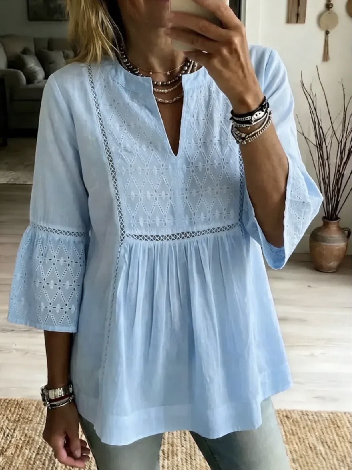 Women’s Lace Patchwork V Neck Blouse, Hollow Out Flare Sleeve Loose Fit Tunic Top