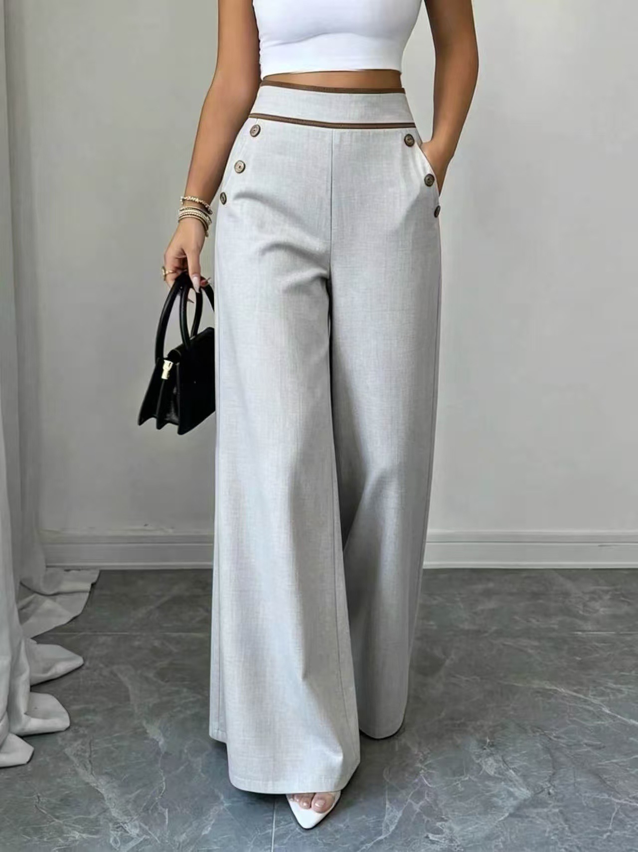 Women’s High Waist Wide Leg Pants Contrast Trim Button Decor Long Trousers